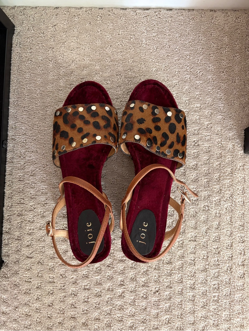 Joie Burgundy Velvet & Leopard Print Studded Wedges